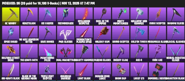 F1322 92 Skins - Darth Vader, Xander, Joltara, Ronin, The Grogu, Deadye, Snap, Malik, The Foundation - 96 Pickaxes (G)